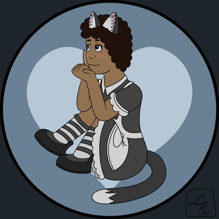 Picture of L0veRaven's avatar. Short hair with a wavy curl pattern with black cat ears emphasize their catboy persona. Skin color is a light brown since they are half Mexican and Black. Wears a black & white maid dress along with black and white striped so